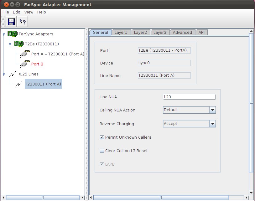 Linux Adapter Manager zeigt die X.25-Konfiguration eines FarSync X25-Adapters