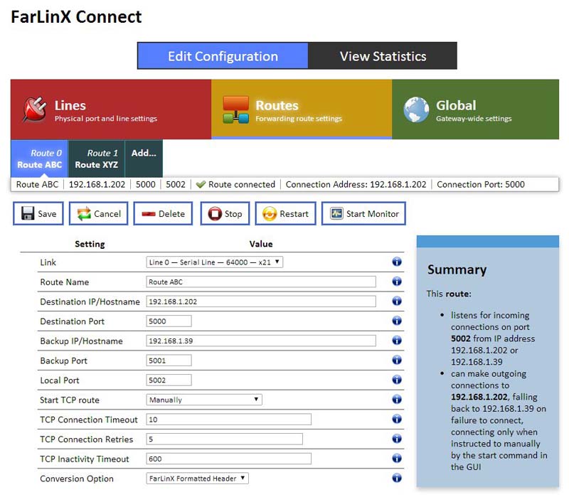 connect route configuration screen